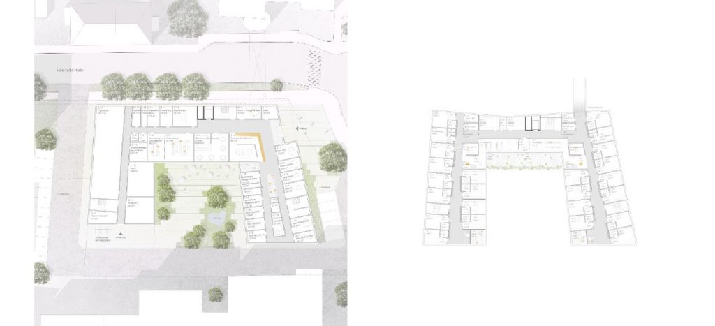 Entwurf: Nickl & Partner Architekten AG - Erdgeschoß und 1. Obergeschoß - Wettbewerb Neubau Alten- und Pflegeheim in Wels