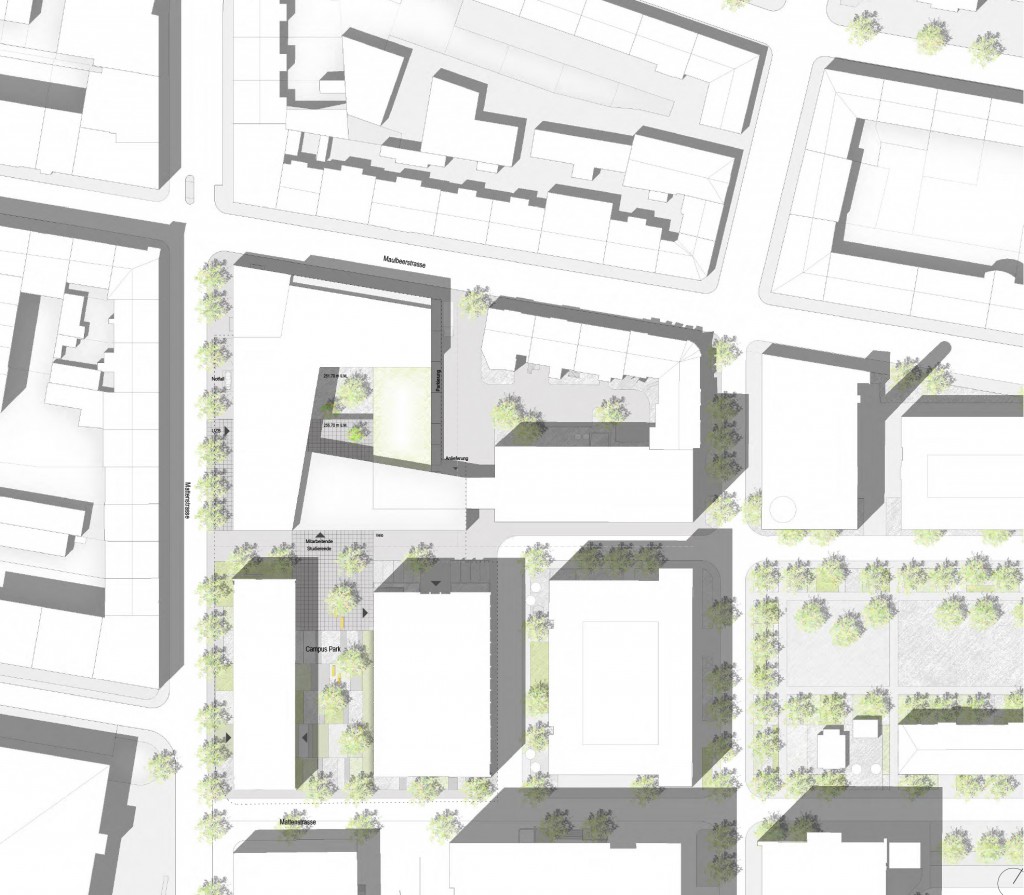 Entwurf: Nickl & Partner Architekten AG - Lageplan - Neubau Universitäres Zentrum Zahnmedizin und Umweltwissenschaften der Unversität Basel, Campus Rosental, Basel Stadt