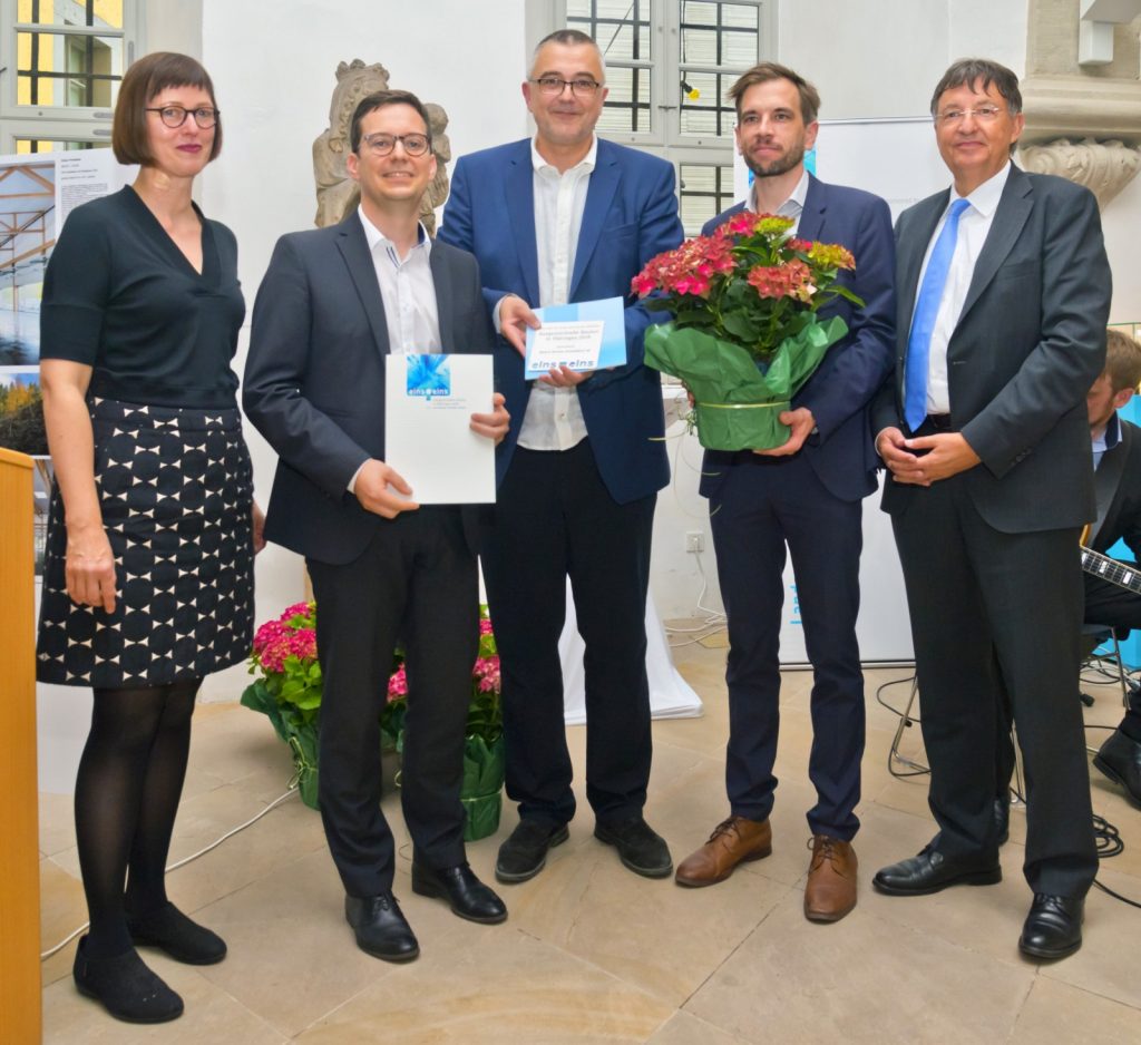 Presentation of the Thuringian BDA prize with Prof. Annette Menting (Prof. of Building History and Culture, Leipzig University of Applied Sciences), Dr. Benjamin Rämmler (Nickl & Partner Architekten AG), Andres Reich (Chairman of the Thuringian regional association of the BDA), Tobias Schäfer (Nickl & Partner Architekten AG), Dr. Klaus Sühl (State Secretary of the Thuringian Ministry of Infrastructure and Agriculture), from left to right, copyright: Michael Miltzow