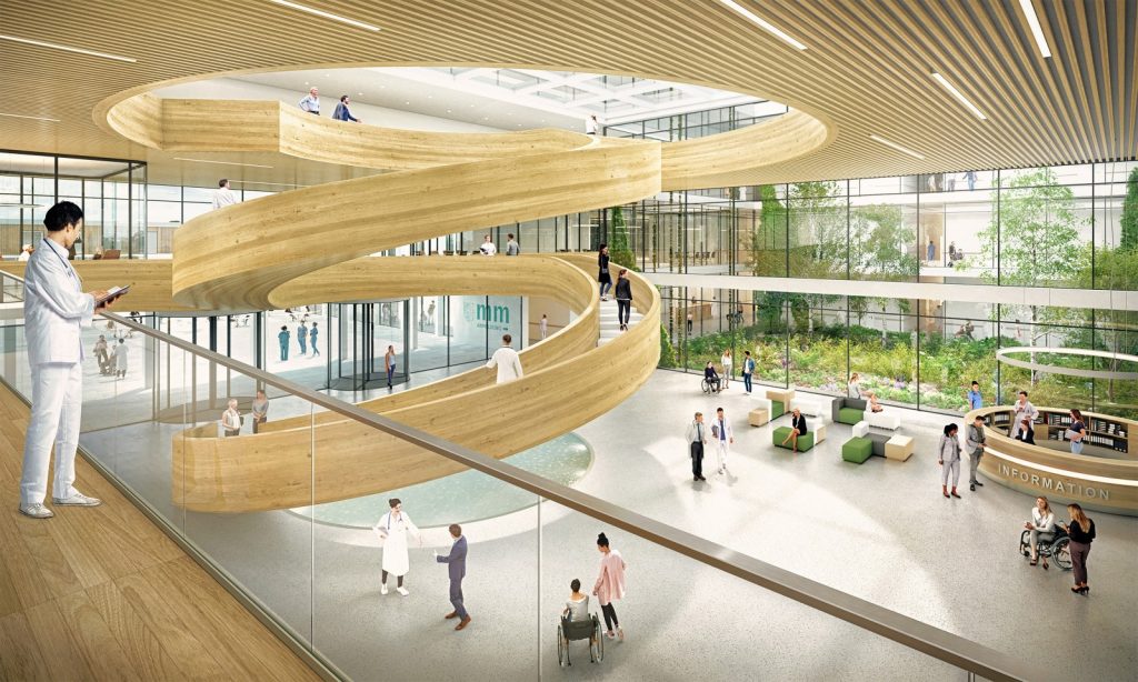 Neubau des Klinikums Memmingen, Innenperspektive mit Foyer, Nickl & Partner Architekten