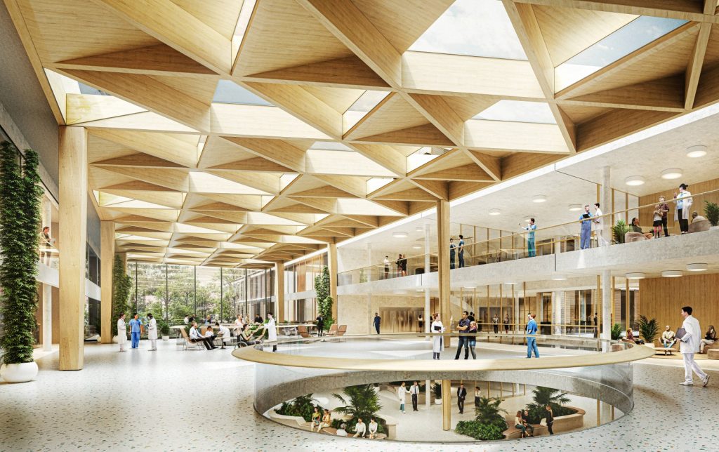 Die Empfangshalle verbindet Bestand und Neubauten