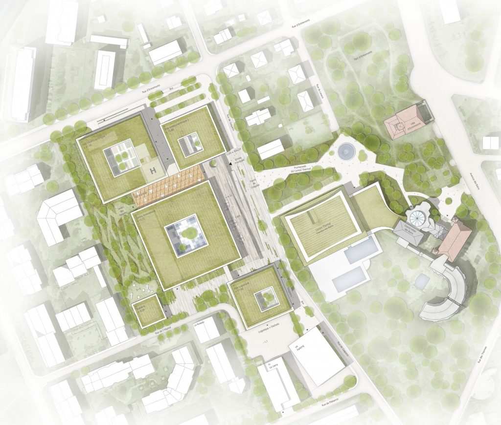 Der Entwurf schlägt ein pavillon-artiges Ensemble vor